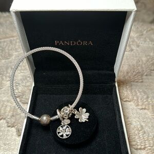 Pandora bracelet with three charms and box